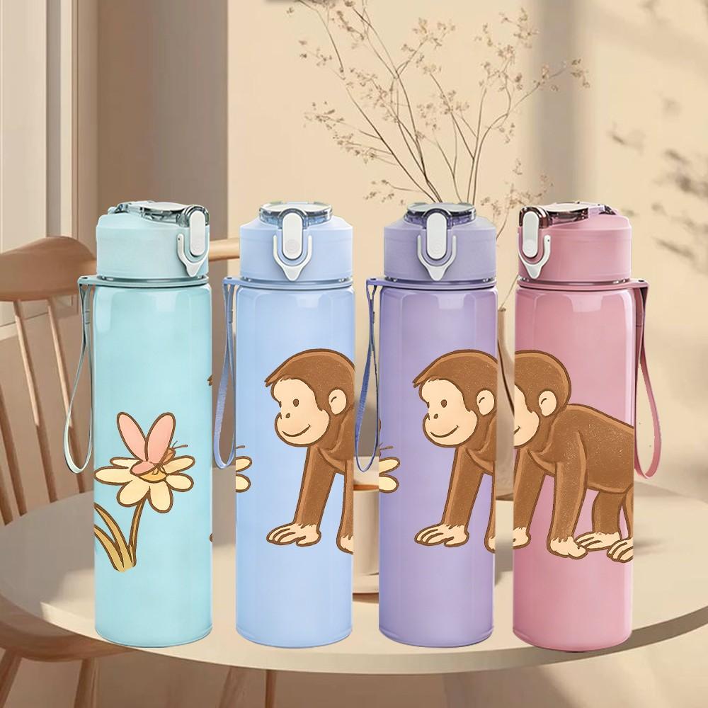 1PC Flower Monkey Cartoon Illustration 750ml Color Plastic Sports Water Bottle Leakproof Flip Straw Lid Suitable for Sports Office Home Use