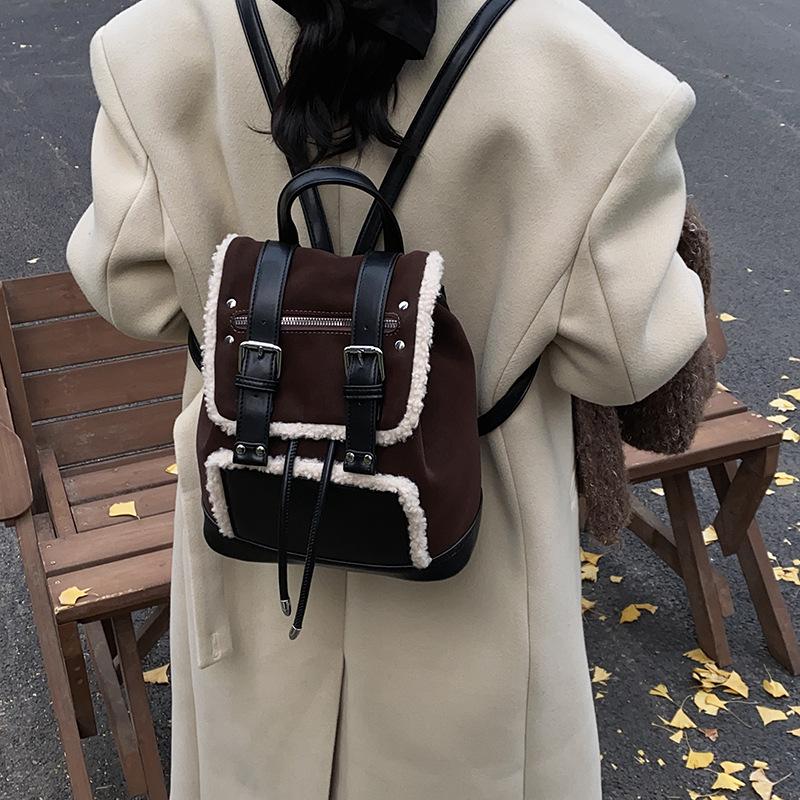 Autumn and winter retro matte drawstring backpack women's new lamb wool splicing texture portable backpack