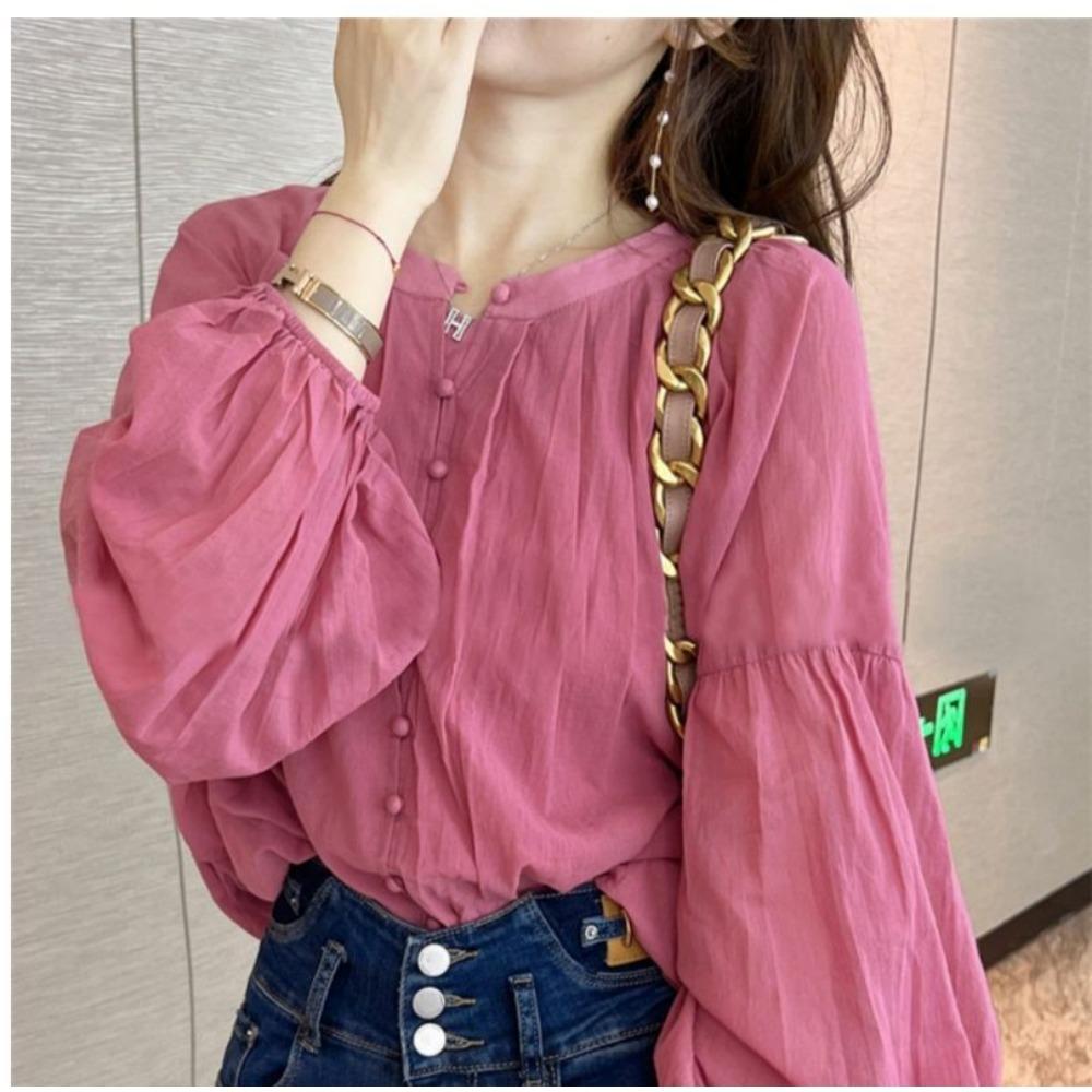 Spring and Summer New Simplicity Solid Color Trend Splicing Buttons Fashion Commuting Versatile Round Neck Long Sleeved Shirt