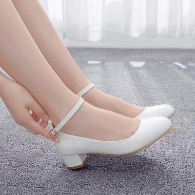 White Women's Shoes Sexy Bride Party 3CM Pointed Toe Pumps  Round Head Shallow Mouth Buckle Thick High Heels
