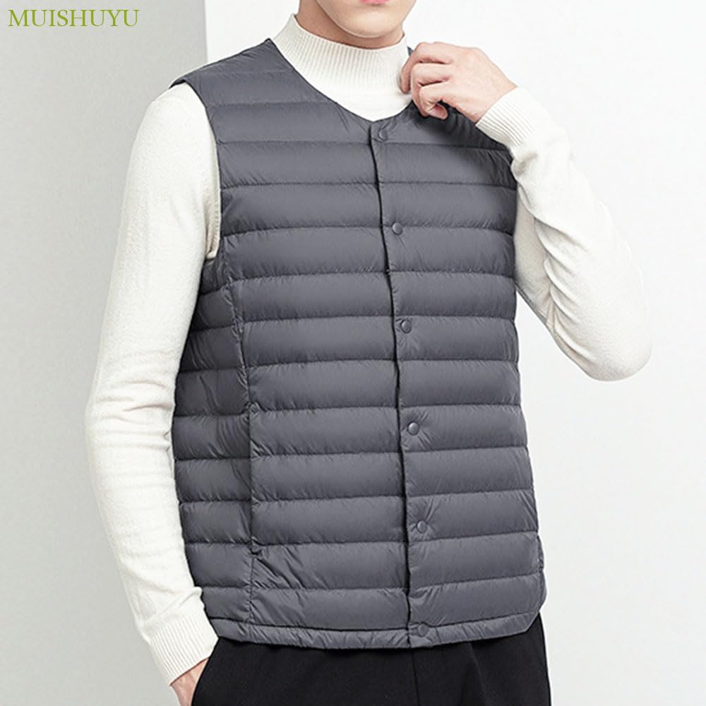 MUISHUYU Ultra Lightweight Collarless Inner Down and for Fall and YU41 Men's Vest, Lightweight, Warm, Cold-Proof Winter, (JP, Alphabet, M, Gray)
