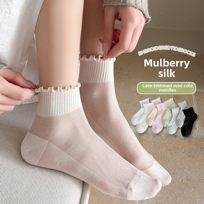 Silk-silk Wooden-ear Short Booties for Women in Summer, Lightweight Mesh Breathable Low-top Lace Women's Short Socks