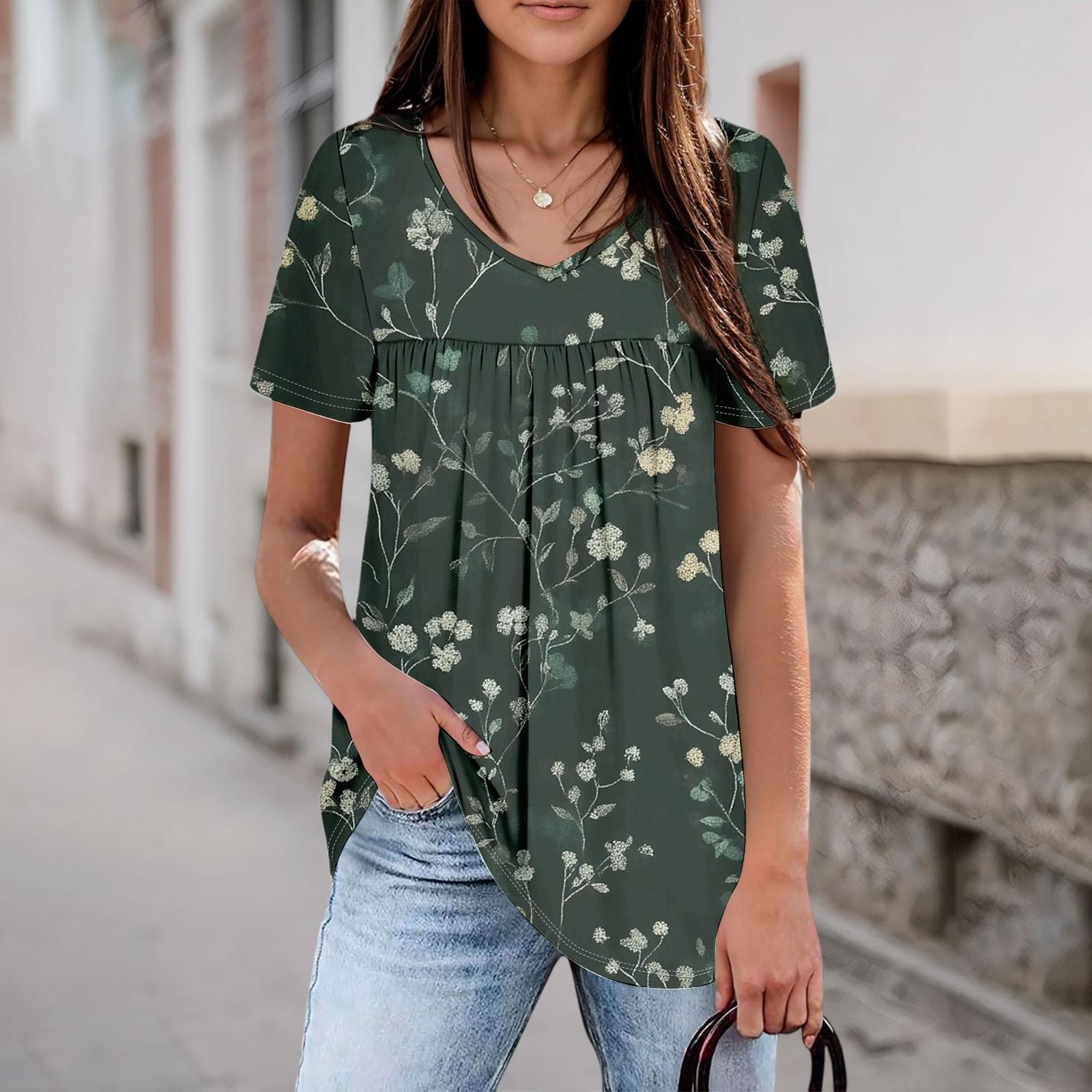 Women s Casual V-neck Short-sleeved Chest Pleated Short-sleeved Top XXL