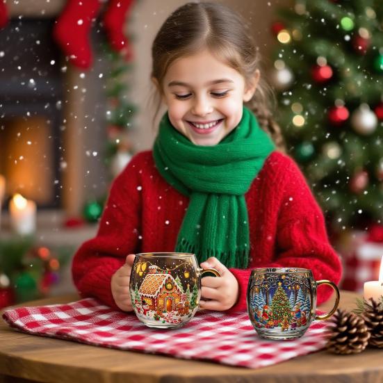 ספל מצויר לחג המולד 10oz ספלים מצוירים עם נוף חורפי ספל שתייה לחג זכוכית צבעונית לבית קפה בר ביתי קישוט
