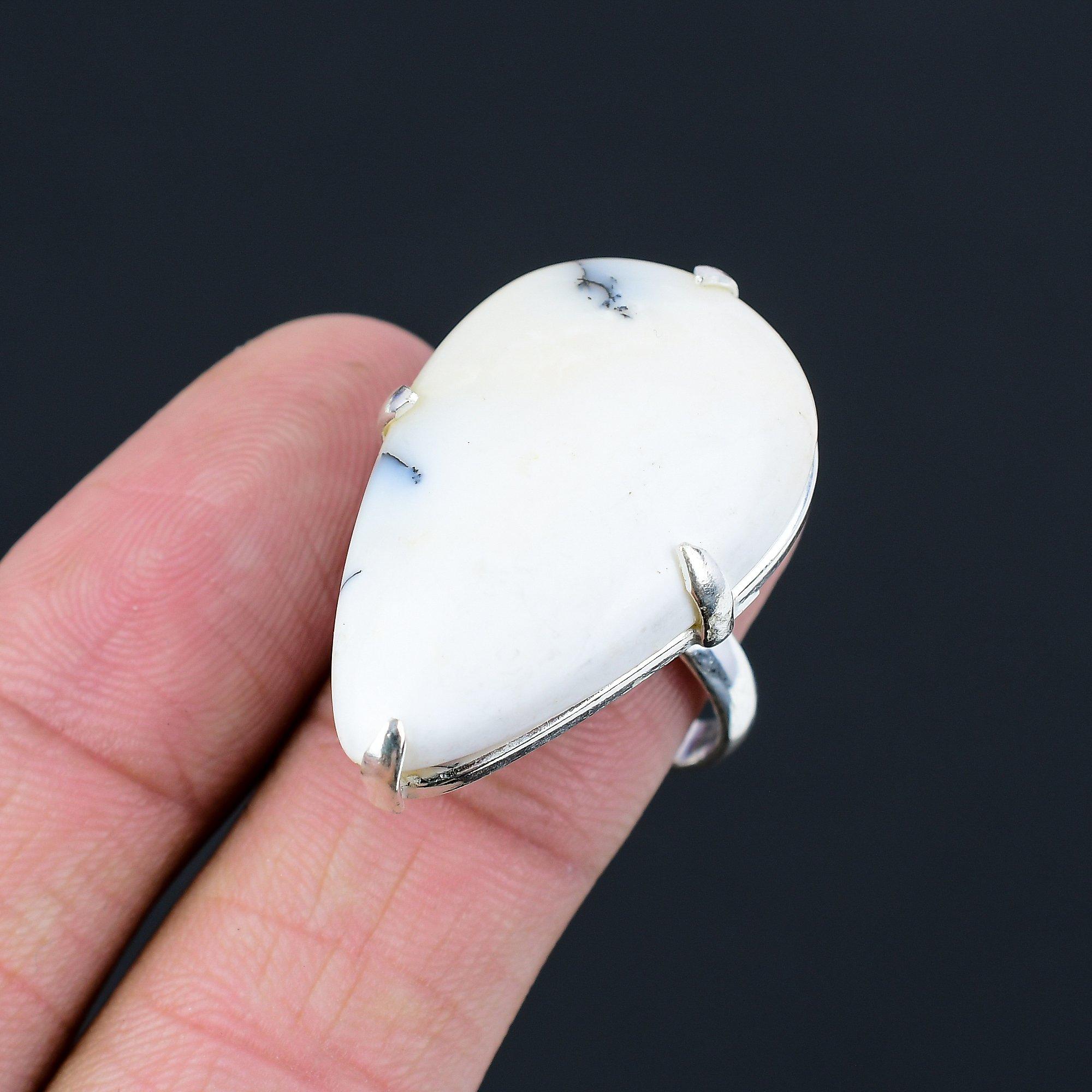 Daughters Day Sale 925 Silver Pear Dendrite Opal Gemstone Promise Ring Jewelry 9