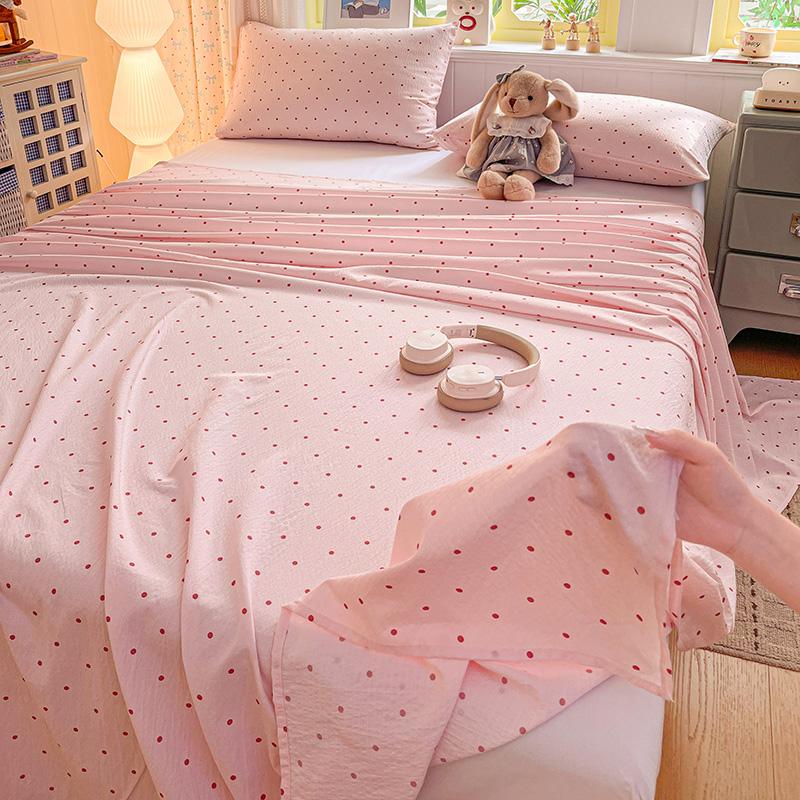 NewFashion Kawaii Pink Polka Dot Fitted Sheet Crinkle Puff Fabric Full‑Wrap Elastic Mattress Cover Girls Bedroom Decor Bed Sheet