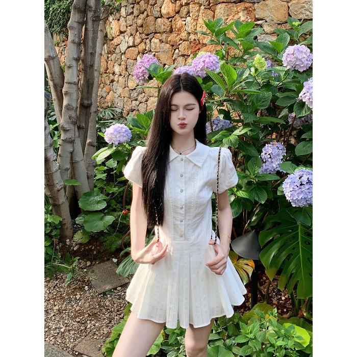 

(with inner lining) college style white short-sleeved shirt dress summer new a-shaped skirt small pleated short skirt XL білий