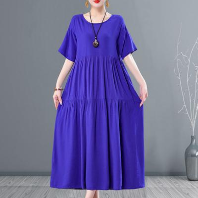 Women Summer Maxi Dress Pleated Loose Hem Solid Color Short Sleeves Round Neck Ankle Length Soft Patchwork Lady Dress