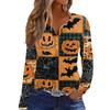 Women's Halloween Print V-Neck Long Sleeve T-Shirt with Button for Casual Holiday Wear
