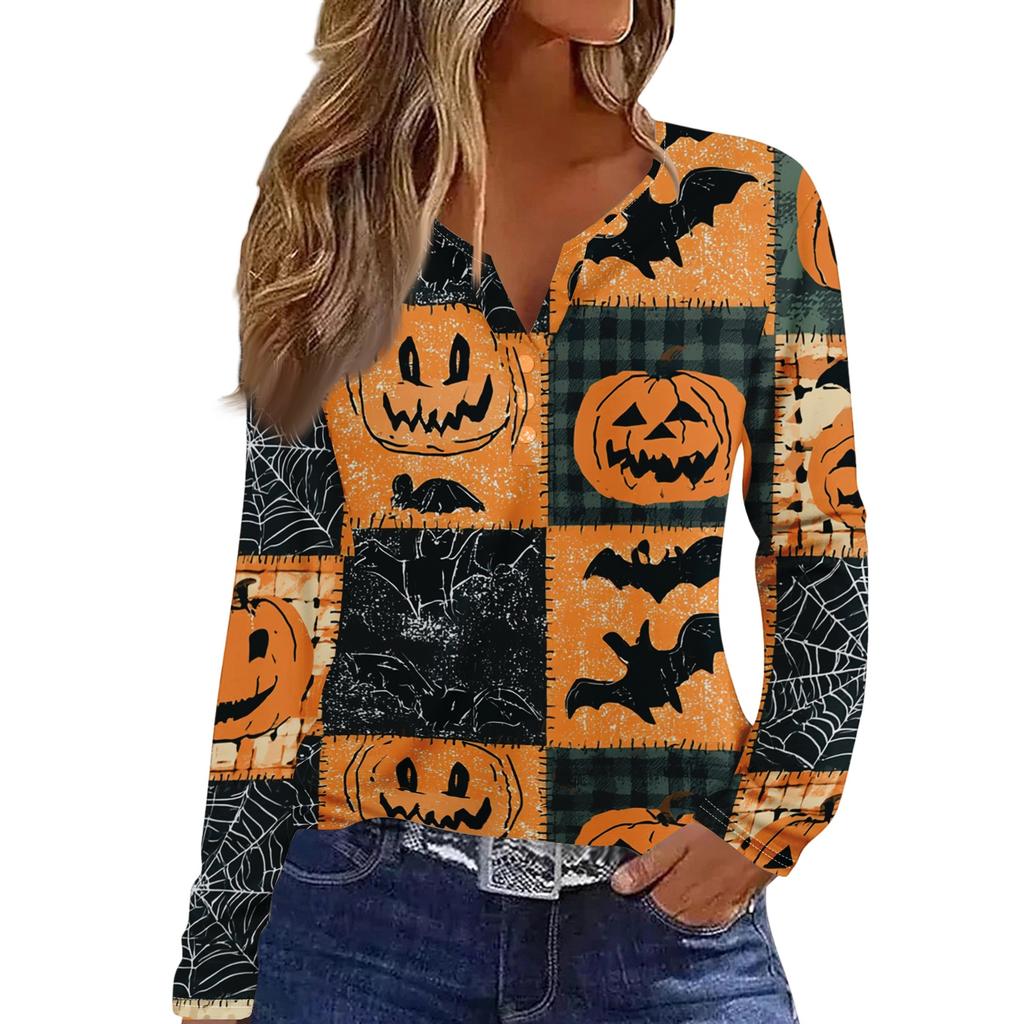 Women's Halloween Print V-Neck Long Sleeve T-Shirt with Button for Casual Holiday Wear