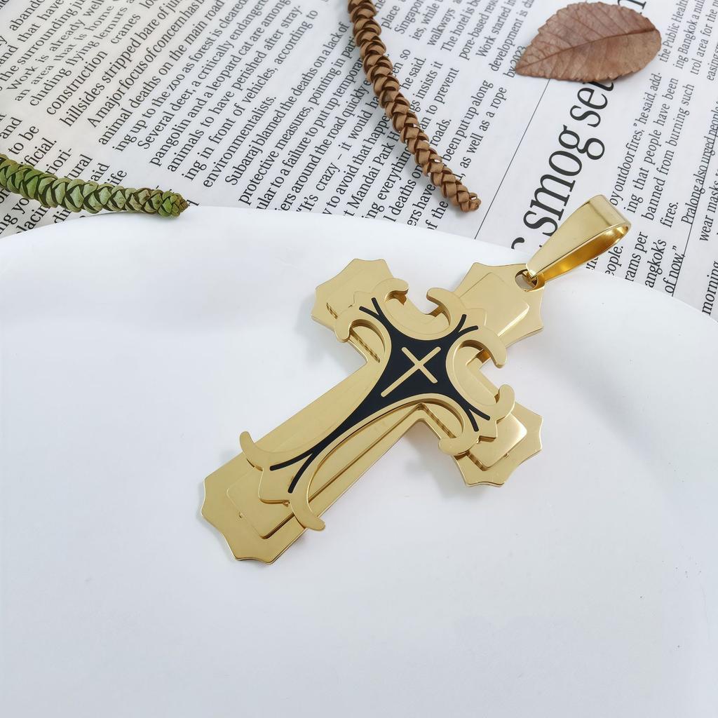 New Trendy Men's Titanium Steel Flat Section Necklace from Europe and America, Stainless Steel Oil Drop Cross Pendant