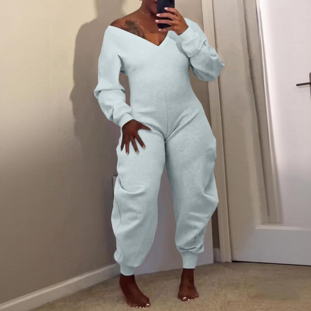 Women's Solid Color Jumpsuit Flared Pants Tight V-neck Sexy Long Sleeved Jumpsuit