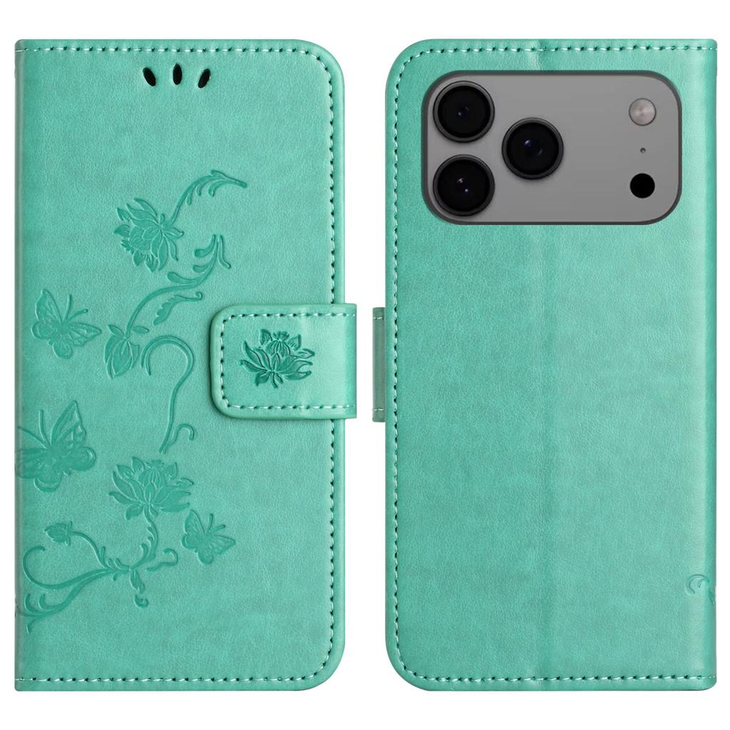 For iPhone 17 Pro Max Case Wallet Stand Imprinted Butterfly Flower PU Leather Phone Cover