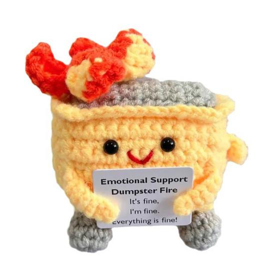 Crocheted Dumpster Plush Doll Emotional Support Gift Handmade Crochet Trash Can Flaming Trash Can Knitting Doll Funny Desk Decor