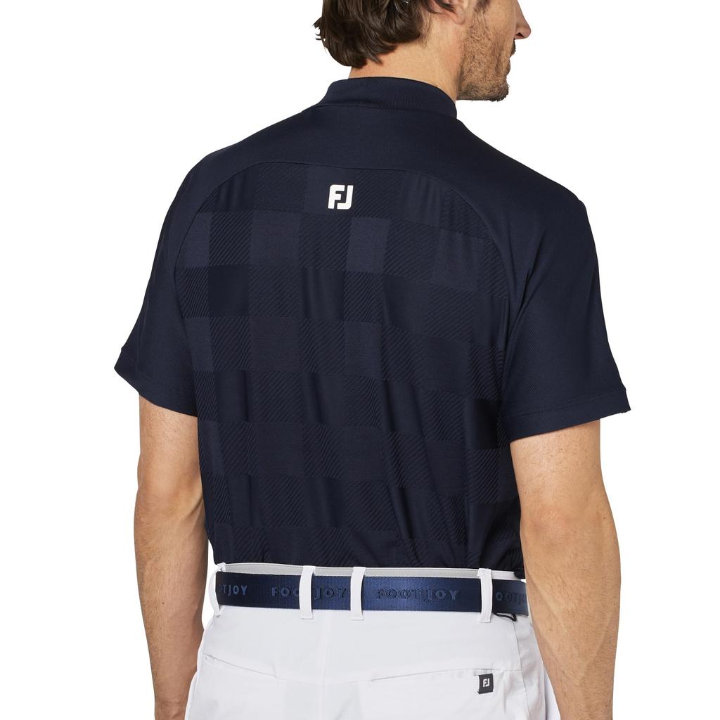 FootJoy Men's Check Jacquard Short Sleeve Mock Neck Golf Shirt, Dark Navy, Size M (FJ-S25-S05, 34684-M)