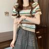 Hollow Out Color Striped Short Sleeved Knitted Sweater for Women French Style Slimming Top