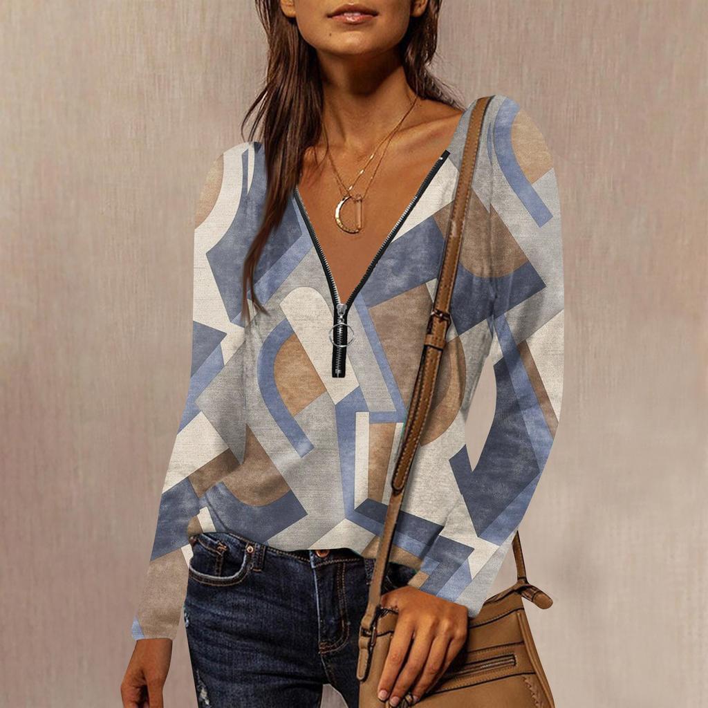 Women's Shirt Blouse Casual Loose Shirts Print Long Sleeve V Neck Zipper T-shirts Tee Pullover Tops
