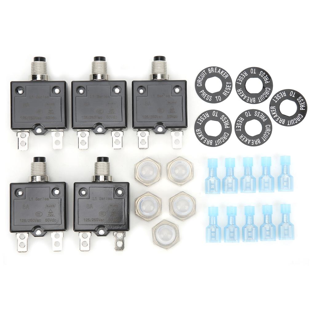 8A Thermal Circuit Breaker with Quick Connect Terminals Waterproof Cap Push Button Manual Reset