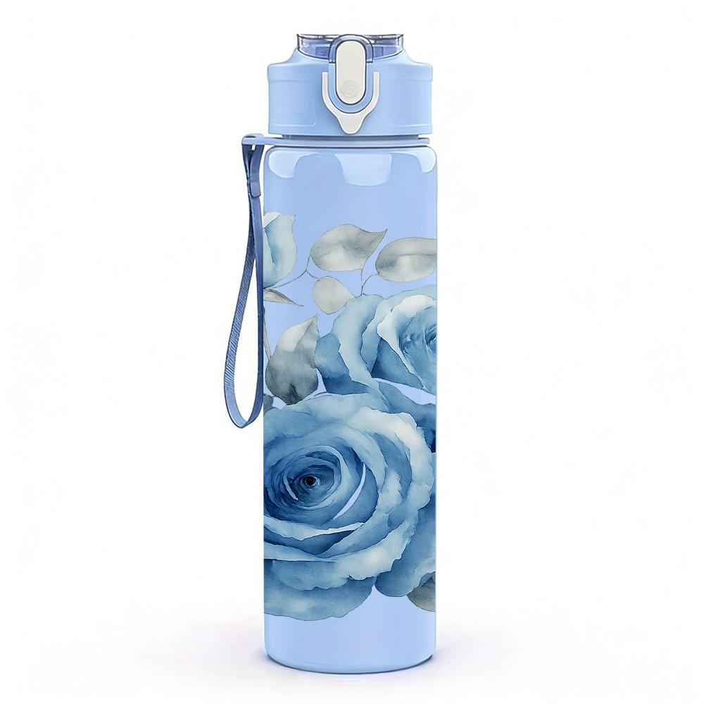 1PC Soft Blue Rose Floral Art Print 750ml Color Plastic Sports Water Bottle Leakproof Flip Straw Lid Suitable for Sports Office Home Use