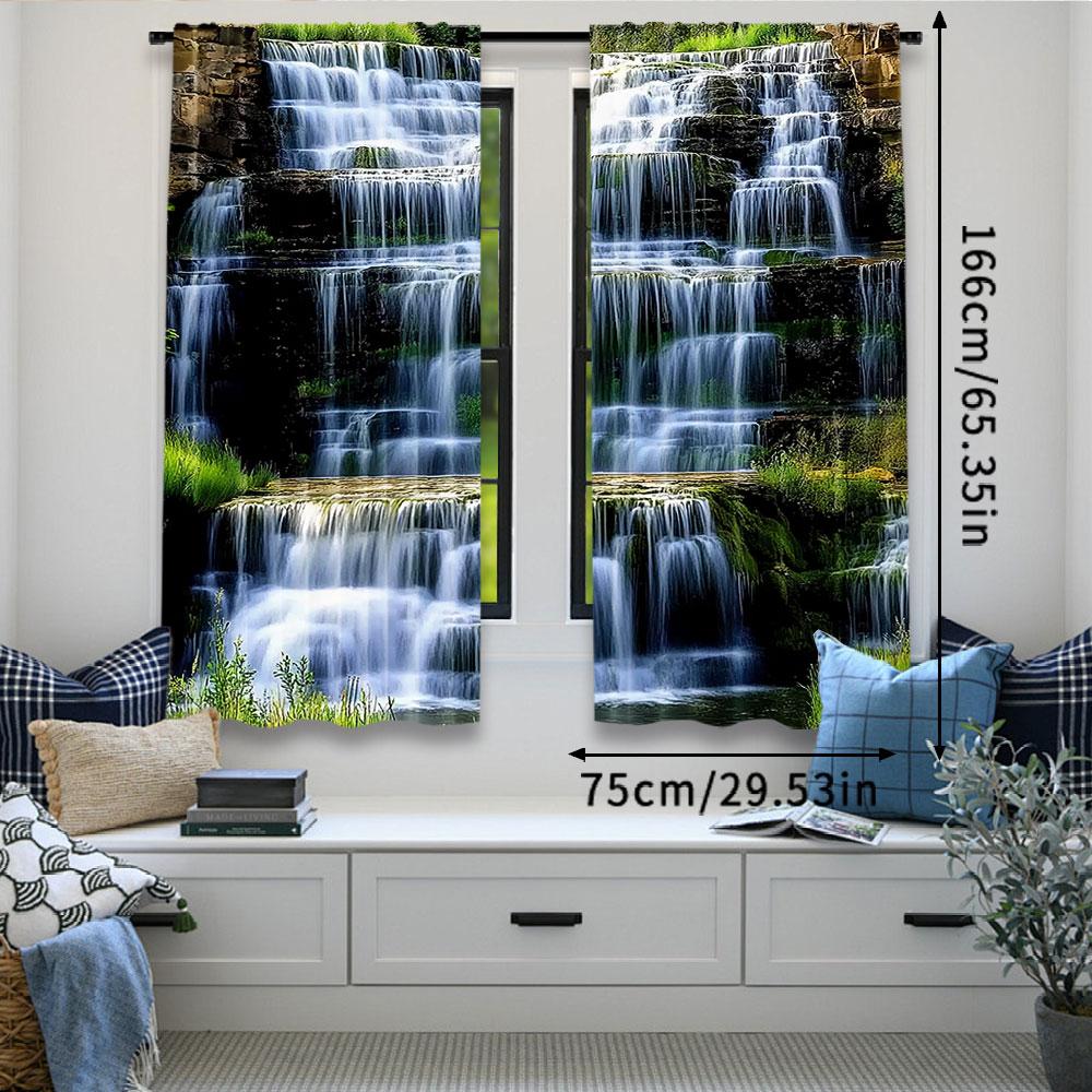 2Pcs Modern Landscape Curtains With Waterfall Design Suitable For Living Room Dining Room Kitchen Bedroom Bathroom Study Room