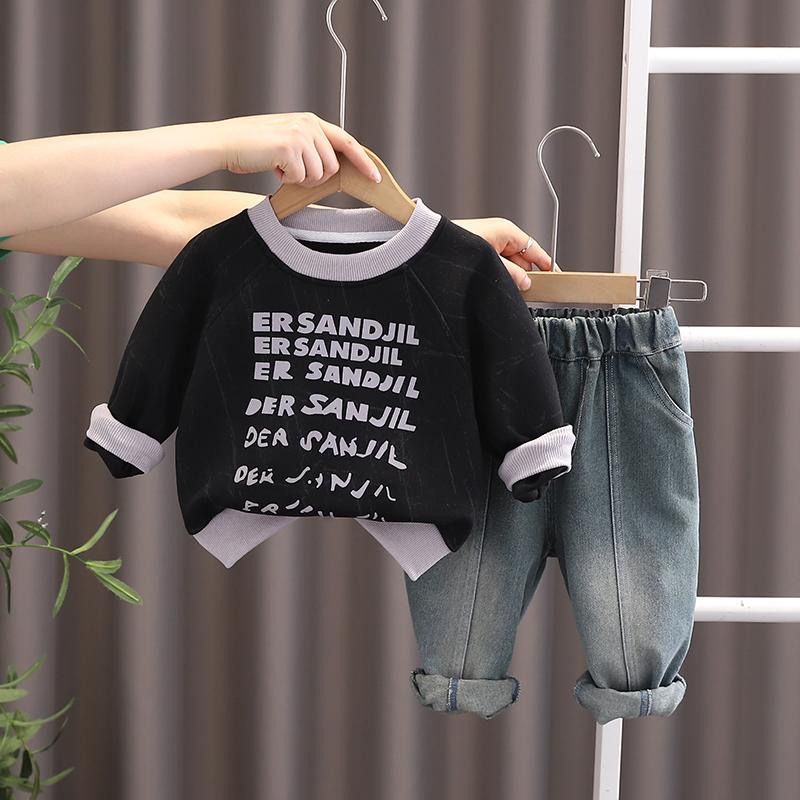 

Комплект из 2 предметов с длинным рукавом для мальчиков 0-5 лет, Детский осенний комплект с худи с круглым вырезом и принтом букв + повседневные брюки, Одежда высокого качества XXL чёрный