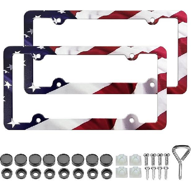 American Flag License Plate Frame Holder - 2 Pack Universal Aluminum Matte Stripe US Flag Gloss Patriotic Car Plate Frame Covers With Free Screws