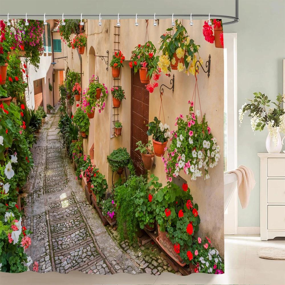 3D European Rural Flower Landscape Printing Bathroom Waterproof Shower Curtain Polyester Bath Curtain Home Decoration Curtain