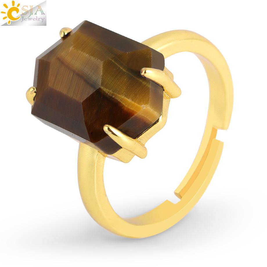 Natural Stone Ring for Men Faceted Crystal Healing Tiger Eye Amethysts Luxury Gold Color Ring Jewelry Accessorise H544