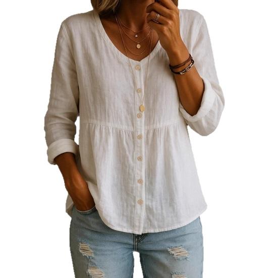 Women Shirt V-Neck Long Sleeve Buttons Placket Shirt Tops A-Line Silhouette Short Front Long Back Hem Casual Shirt