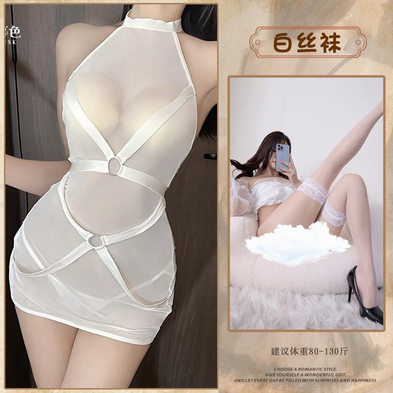 Sexy Spice Girl Perspective Mesh One-piece Strap Splicing Sexy Hip Wrap Skirt Free Sexy Uniform