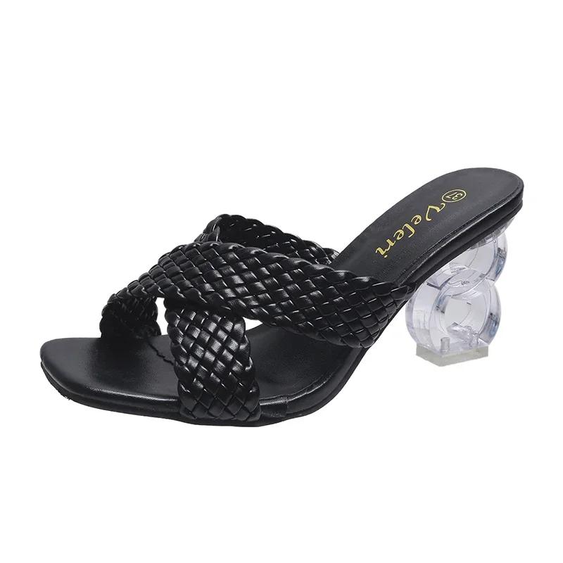 Transparent Strange High Heels Sandals Women Summer 2024 Plus Size Weave Female Slippers Fashion Yellow Open Toe Slides