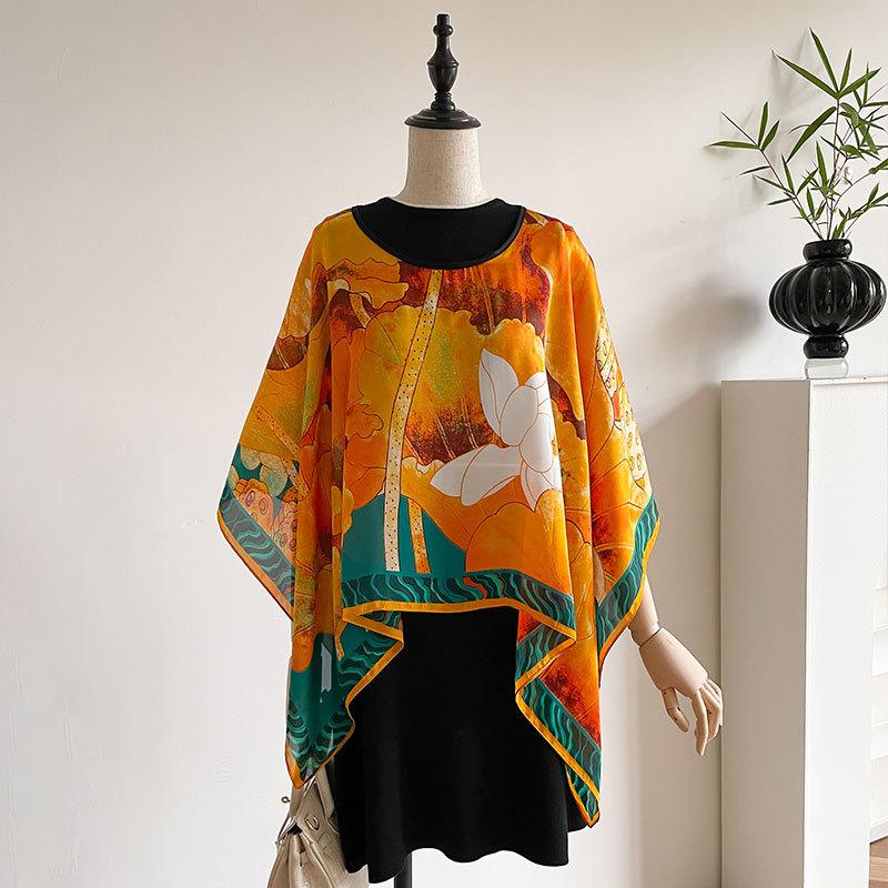 Pullover aus simulierter Seide, Seidenschal, quadratischer Schal, Sonnenschutzkleidung, Damen-Sommeroberbekleidung, lockerer Schal in Übergröße, Schal im ethnischen Stil.