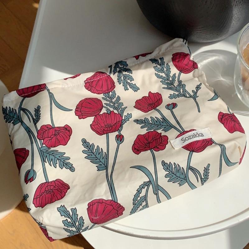 Simple Fresh Floral Cotton Storage Bag Portable Clutch Makeup Bag Cosmetic Bag Travel Skincare Toiletries Organizer Toilet Bag