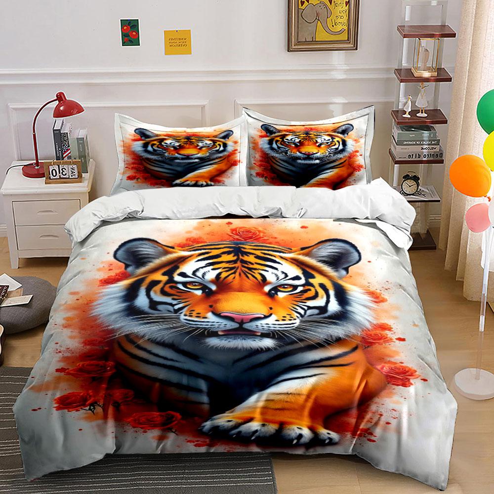 Tiger with red roses. Bedding sets Duvet cover sets Duvet covers Pillowcases(1*Duvet Cover 2*Pillowcases without duvet insert)
