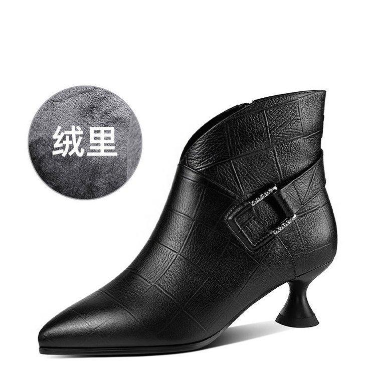 

короткие ботинки для женской осени и зимы новая мода толстый каблук короткая голень черные с острым носом бархатные на среднем каблуке одинарные ботинки кожаные ботинки 36