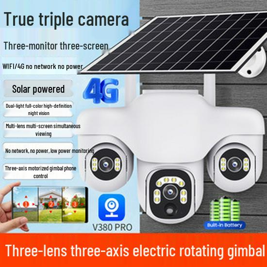 V380 Solar 4G Wireless HD Night Vision WiFi PTZ Battery Camera with Three Lenses