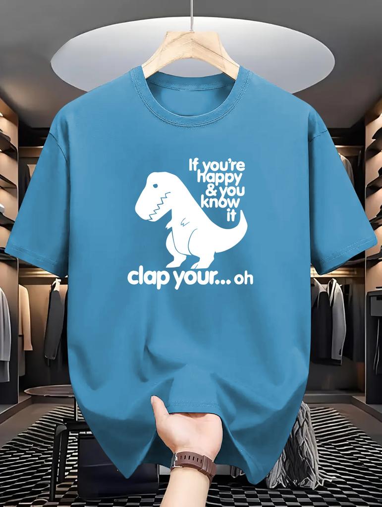 Men's Dinosaur Overlord Print T-Shirt - Casual Crew Neck, Regular Fit, Slight Stretch, Summer Short-Sleeve Tee - 180gsm