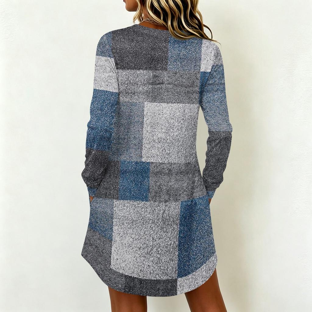 Women's Casual Long Sleeve Dress with Geometric Print and Round Neck for Everyday Wear