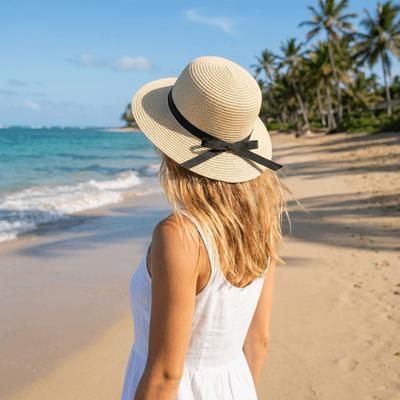 Tragbarer Sonnenhut mit Schleife aus Strohgeflecht, breiter Rand, böhmischer Sonnenschutz-Eimerhut, atmungsaktiver Sonnenschutz, Fischerhut, Klettern