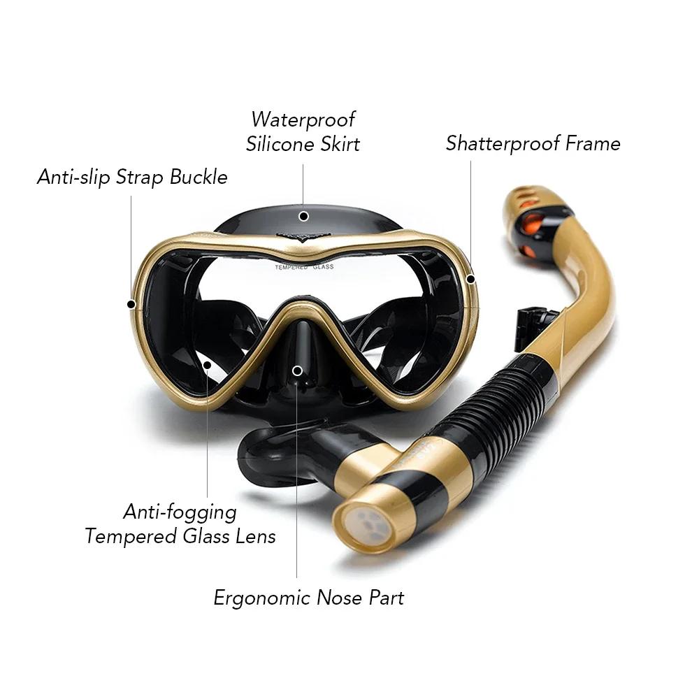 Scuba Diving Mask Snorkel Set Leakproof  with Tempered Glass Anti-fog Spray   Swimming Goggles Easy Breath Dry  Tube