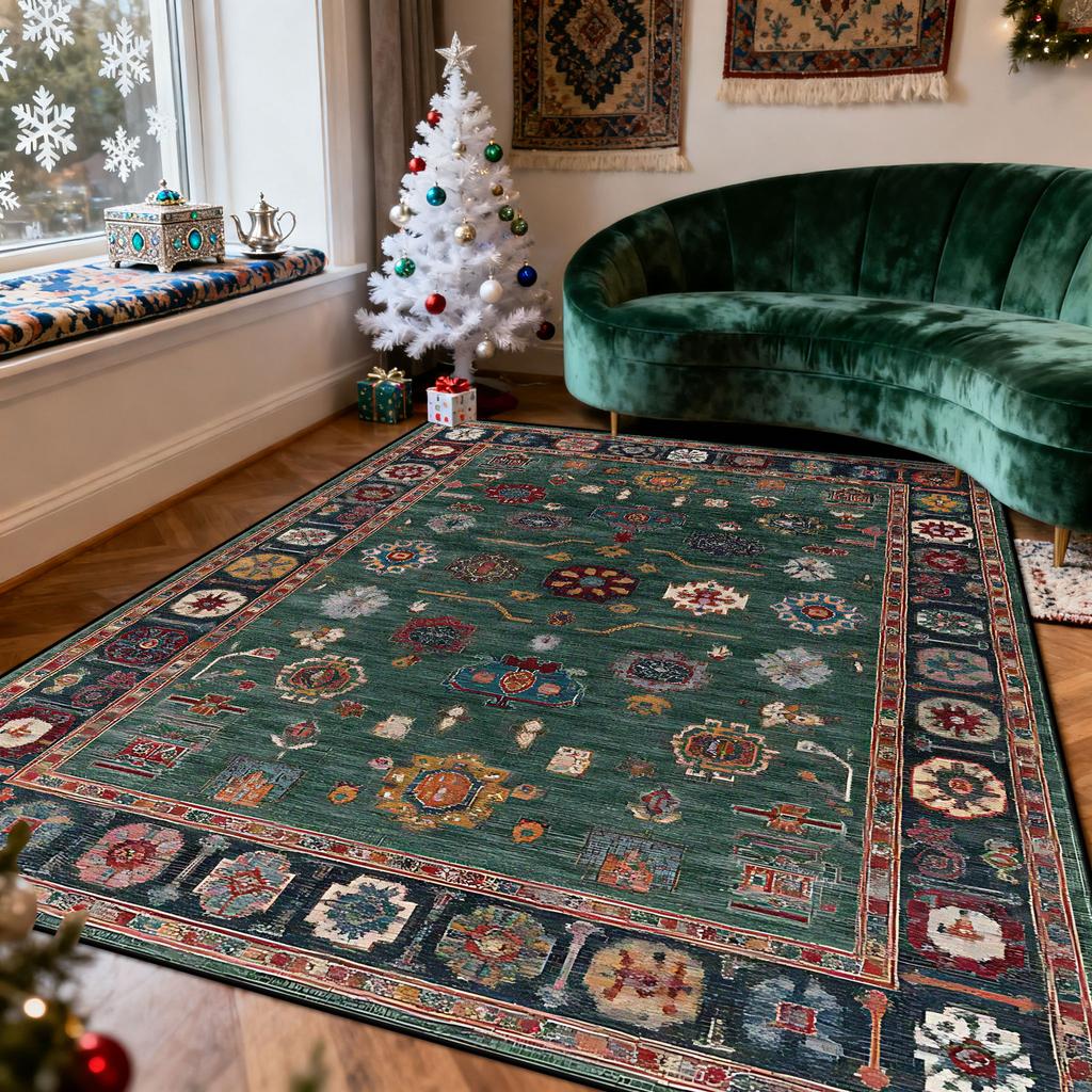 Green Christma Style Living Room Carpet Persian Retro Decoration Christma Tree Side Plush Rug Bedroom Easy Clean Soft Floor Mat