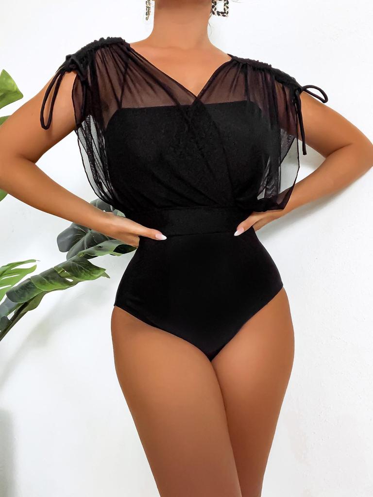 Shencai Sexy Europäischer & Amerikanischer Stil High Waist Einfarbig Jumpsuit mit Mesh V-Ausschnitt Oberteil, Hot Item X08