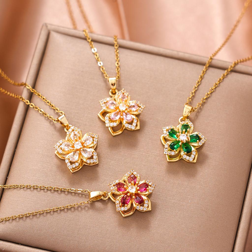 Stainless Steel Gold Plated Romantic Rotatable Flower Zirconia Pendant Necklace For Women Girls Charm Luxury Jewelry