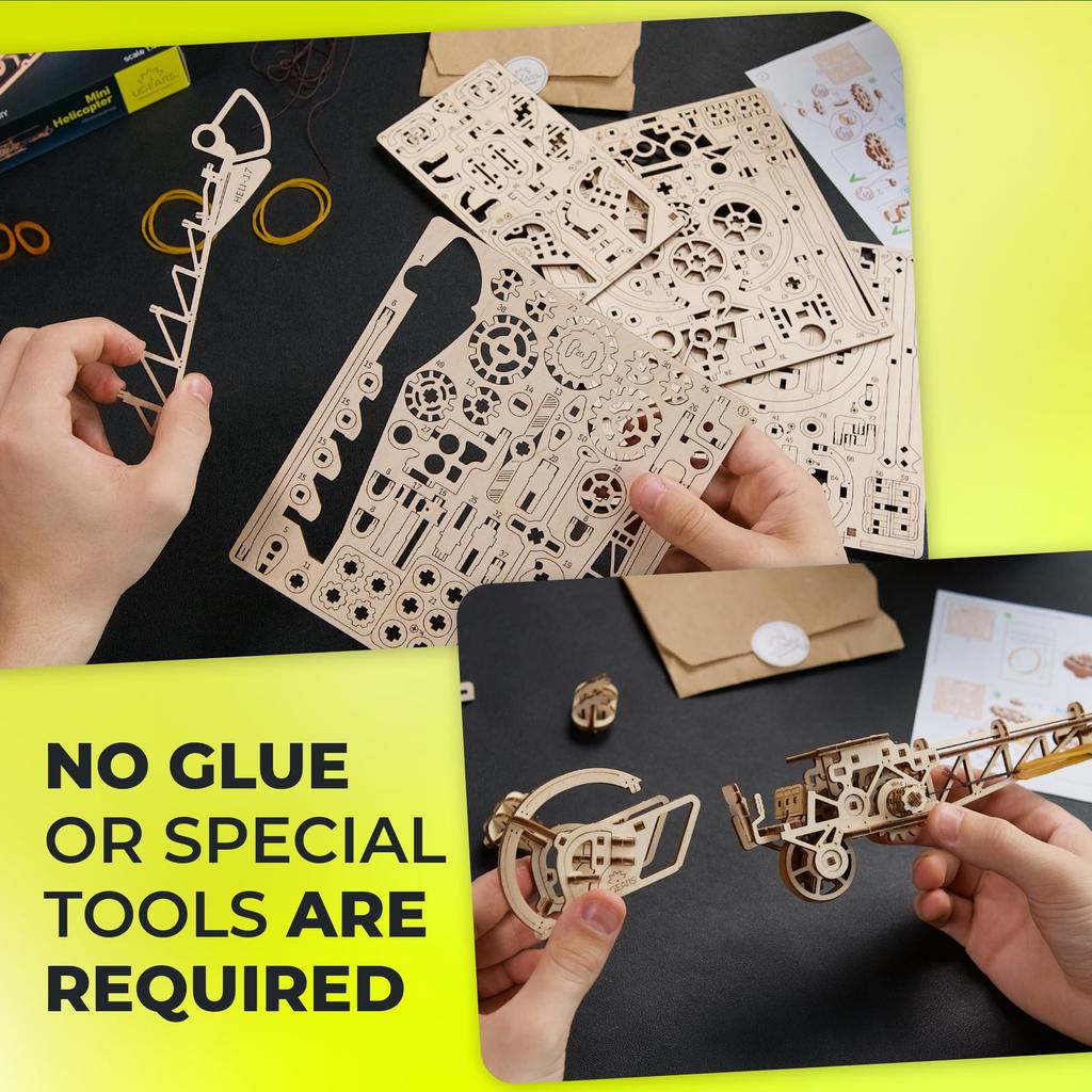 UGEARS Mini Helicopter 3D Wooden Puzzle Assembly Kit 3D Wooden Puzzle for Kids and Adults Toy Gift - -