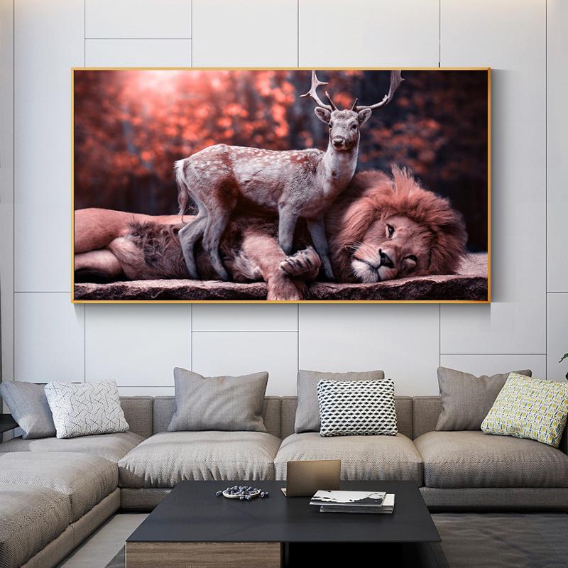 Docile Lion and Deer On the Canvas Painting Modern Animals Posters Prints Wall Art Pictures for Living Room Decoration Cuadros