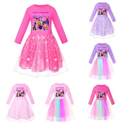Girls' Star-Print Skirt Round-Neck Long-Sleeve Colorful Lace Patchwork Dress
