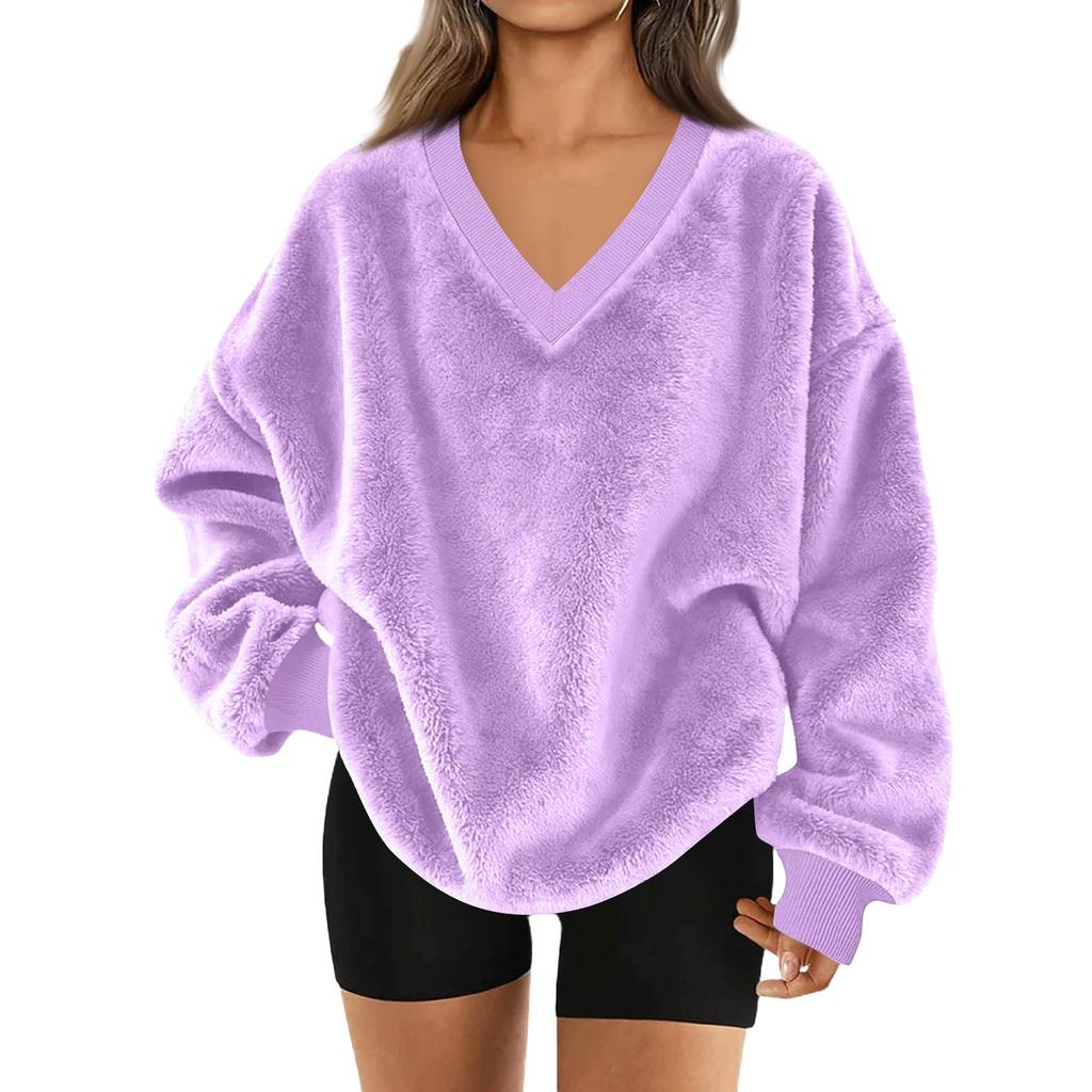 Women's V-Neck Sweatshirt Plush Color Casual Fashion Long Sleeve With Pocketed Pullover Top
