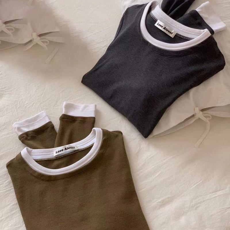 Ladies Autumn Winter Long Sleeve Fake Two Piece Basic Solid Color Pullover Knitted T Shirt Top