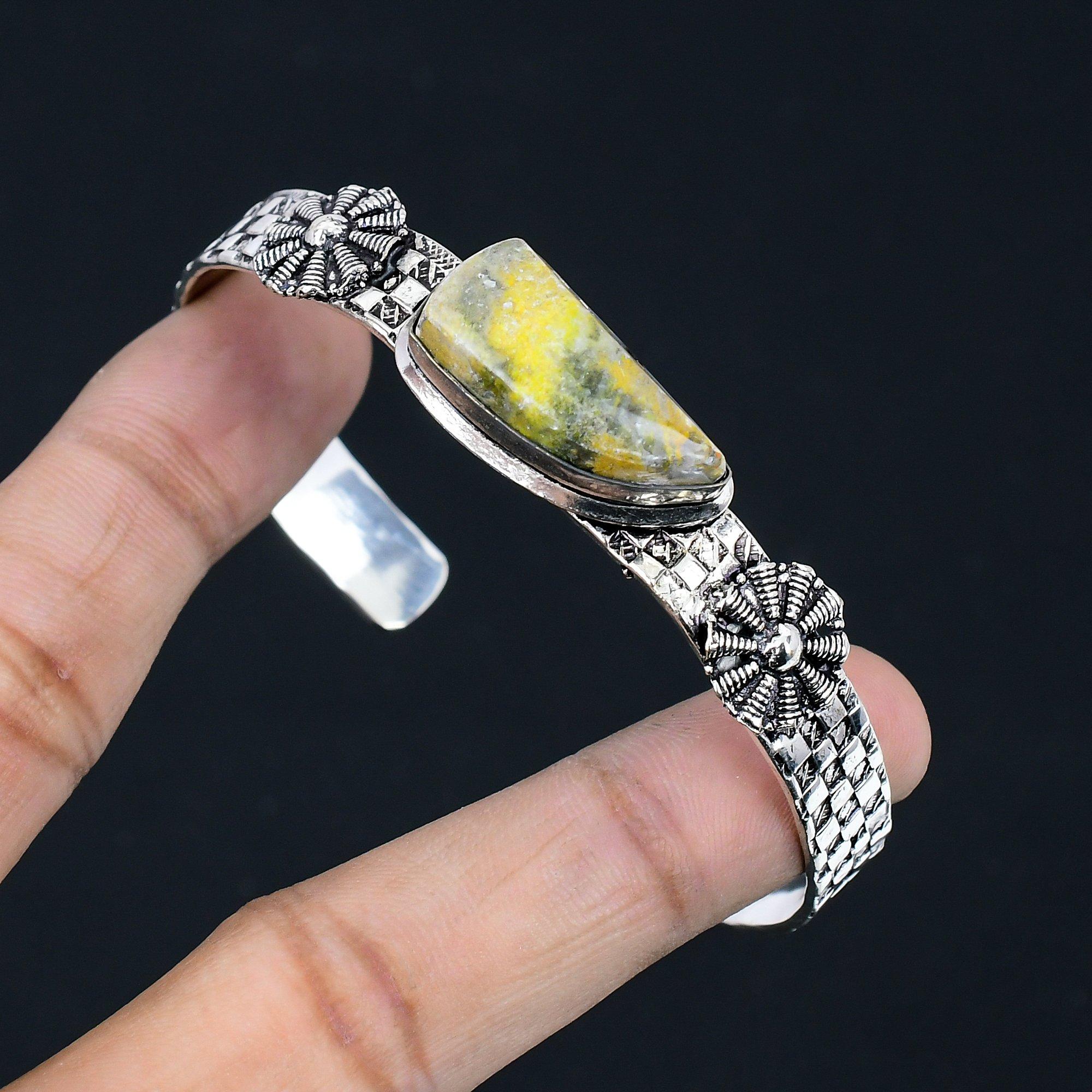 

925 Silver Trillion Bumble Bee Jasper Stone Mother Birthday Engagement Bangle Adjustable