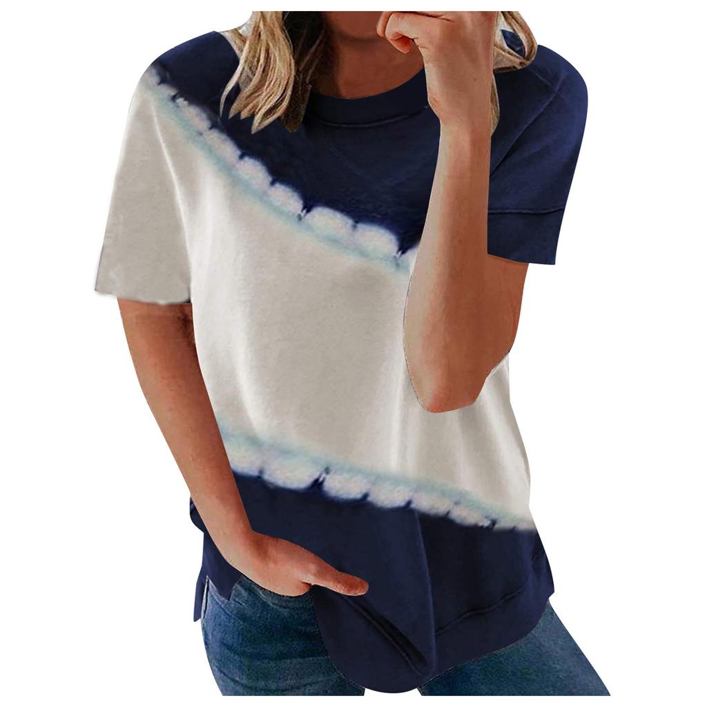 Women's Casual Fashion Short-Sleeved Stitching Round Neck Pullover Thin T-shirt